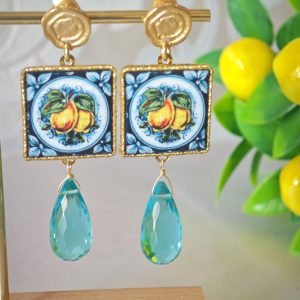 Orecchini ceramica Caltagirone, orecchini goccia topazio briolette , orecchini siciliani, orecchini piastrelle