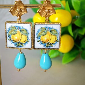 Orecchini ceramica Caltagirone, orecchini gocce turchese , orecchini siciliani