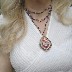 Collana Sacro Cuore ceramica di Caltagirone e cristalli , collana rosario siciliana