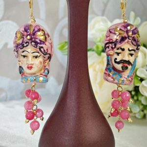 Orecchini ceramica Caltagirone, pietre dure angelite rosa, orecchini teste di moro siciliani