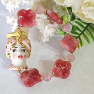 Bracciale ceramica Caltagirone, pietre ure giada e quarzo rosa , bracciale testa di moro siciliano