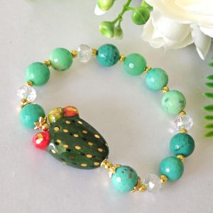 Bracciale ceramica di Caltagirone con pietre crisoprasio e cristalli , bracciale cactus siciliano