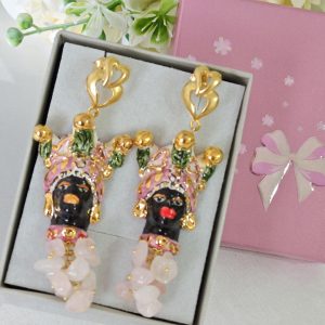 Orecchini ceramica Caltagirone, orecchini pietre quarzo rosa , orecchini siciliani