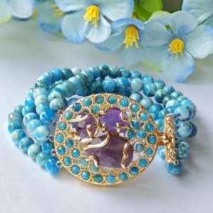 Bracciale pietre dure apatite blu multifilo con chiusura gioiello , bracciale maxi, gioielli italiani