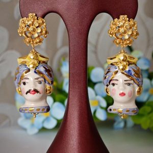 Orecchini teste di moro ceramica Caltagirone, orecchini fiori , orecchini siciliani,  orecchini maxi