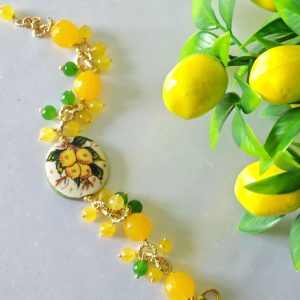 Bracciale ceramica di Caltagirone con pietre agata gialla e quarzo verde, bracciale siciliano