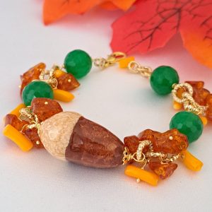 Bracciale ceramica di Caltagirone con pietre agata verde e chips ambrati, bracciale siciliano