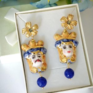 Orecchini ceramica Caltagirone e pietre agata blu, orecchini teste di moro , orecchini siciliani