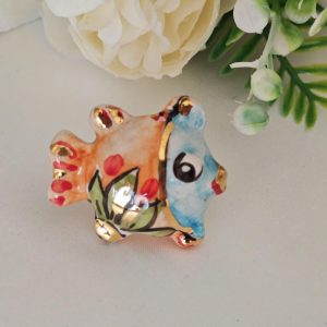 Anello ceramica Caltagirone e ottone, anello siciliano, anello pesce