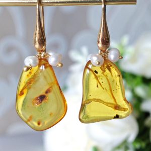 Orecchini ambra baltica, orecchini perle bianche e argento 925 placcato oro, gioielli italiani