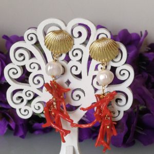 Orecchini corallo rosso naturale del mediterraneo perla bianca naturale