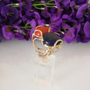 Anello corallo rosso naturale pietra lapislazzuli blu naturale .Anello argento.