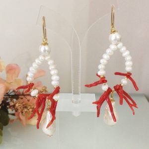 Orecchini corallo rosso naturale del mediterraneo perla bianca naturale