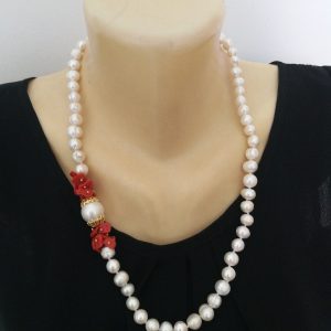 Collana corallo rosso del mediterraneo e perle bianche naturali, collana perla barocca.