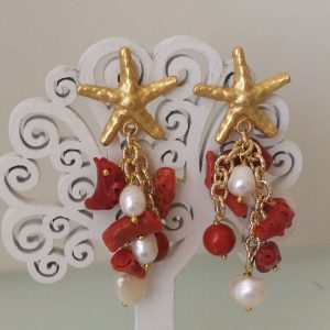 Orecchini corallo rosso naturale del mediterraneo e perlina naturale bianca