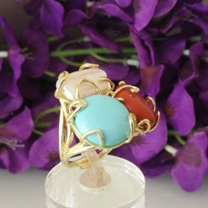 Anello corallo rosso del mediterraneo, perla naturale bianca, pietra turchese.