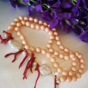 Collana corallo rosso del mediterraneo e perle rosa imitazione