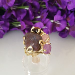 Anello pietre vere Galaxite, ametista viola, occhio di tigre . Anello elegante.Anello pietre multiple.