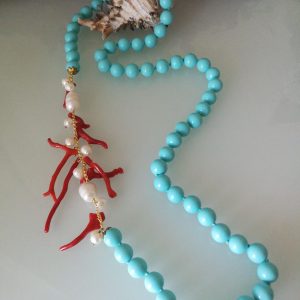 Collana corallo rosso del mediterraneo e perle pasta di turchese.