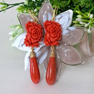 Orecchini rose corallo rosso, orecchini goccia corallo, orecchini argento 925 , gioielli italiani