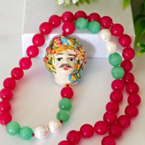Collana ceramica Caltagirone e pietre dure agata rosa, quarzo verde e perle bianche, collana testa di moro siciliana