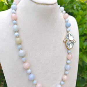 Collana pietre dure acquamarina con chiusura cuori cristallo vintage, gioielli italiani