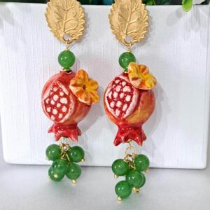 Orecchini melograni ceramica di Caltagirone ,  orecchini  pietre dure agata verde, orecchini siciliani