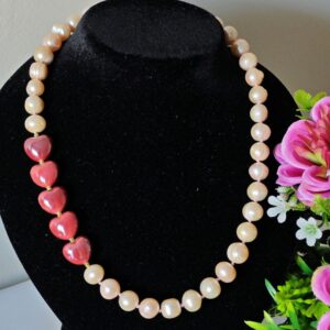 Collana perle rosa con cuori ceramica, collana girocollo , gioielli italiani