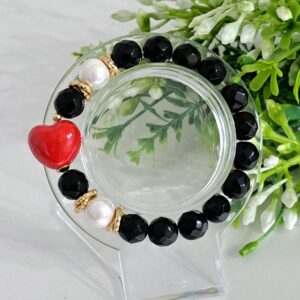 Bracciale pietre dure onice nero con cuore ceramica,  bracciale San Valentino