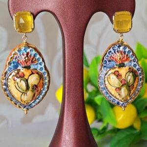 Orecchini ceramica di Caltagirone e pietre quarzo , orecchini cuore Sacro ,orecchini siciliani