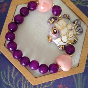 Bracciale pesce ceramica Caltagirone con pietre agata viola e cuori , bracciale siciliano
