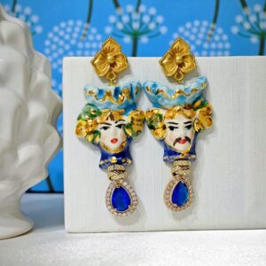 Orecchini ceramica Caltagirone, orecchini teste di moro, orecchini gocce cristallo , orecchini siciliani