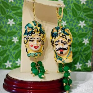 Orecchini ceramica di Caltagirone, orecchini grappolo pietre quarzo verde, orecchini teste di moro siciliani