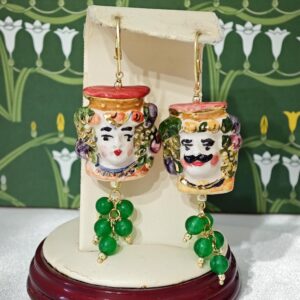 Orecchini ceramica Caltagirone, orecchini grappolo pietre quarzo verde, orecchini teste di moro siciliani