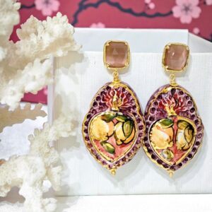 Orecchini Cuore Sacro in ceramica di Caltagirone con pietre quarzo viola ,orecchini siciliani
