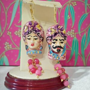 Orecchini ceramica Caltagirone, pietre dure angelite rosa, orecchini teste di moro siciliani
