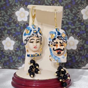Orecchini teste di moro ceramica Caltagirone con pietre dure onice nero , orecchini siciliani