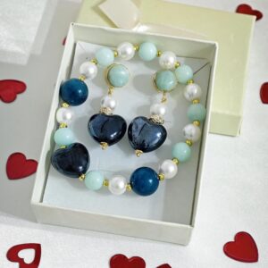 Set San Valentino Orecchini con bracciale con cuori ceramica e perle bianche , gioielli italiani