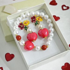 Set San Valentino Orecchini con bracciale con cuori ceramica e perle bianche , gioielli italiani