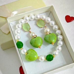 Set San Valentino Orecchini con bracciale con cuori ceramica e perle bianche , gioielli italiani