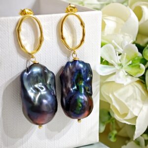 Orecchini perle barocche nere Tahiti e argento 925 placcato oro, gioielli italiani