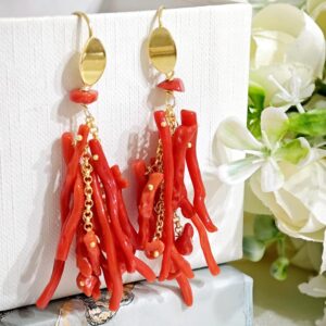 Orecchini corallo rosso naturale, orecchini argento 925 placcato oro, gioielli italiani