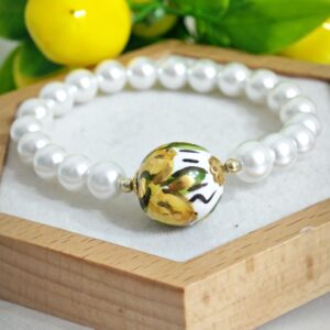 Bracciale perla ceramica Caltagirone con perle bianche, bracciale siciliano