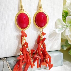 Orecchini corallo rosso naturale, orecchini argento 925 placcato oro , gioielli italiani