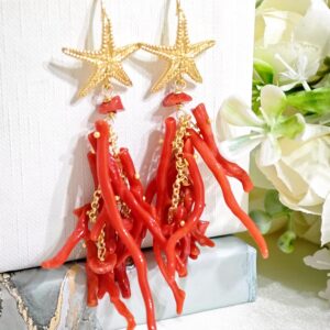Orecchini corallo rosso naturale , orecchini stelle marine argento 925 , gioielli italiani