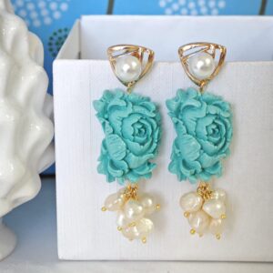 Orecchini rose turchese e perle bianche  , gioielli italiani