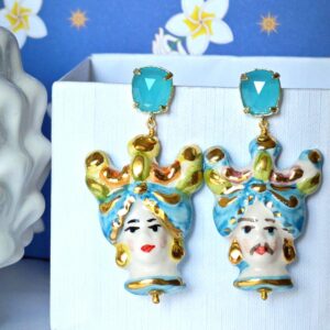 Orecchini teste di moro ceramica Caltagirone, orecchini pietre quarzo blu , orecchini siciliani