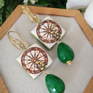 Orecchini ceramica Caltagirone, pietre goccia agata verde , orecchini siciliani
