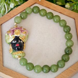 Bracciale testa di moro in ceramica di Caltagirone, bracciale pietre dure giada  verde, bracciale siciliano