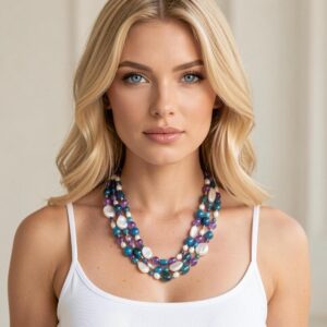 Collana multifilo pietre dure apatite, ametista e perle bianche, gioielli italiani
